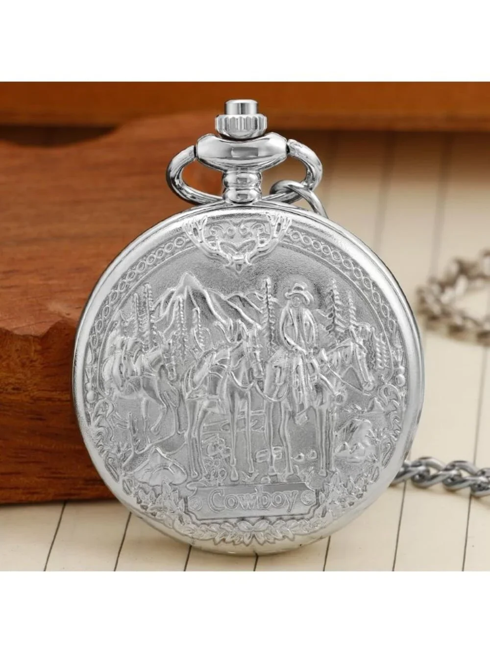 Men's Silver Analog Quartz Arabic Numerals Engraved Cowboy Vintage Pocket Watch